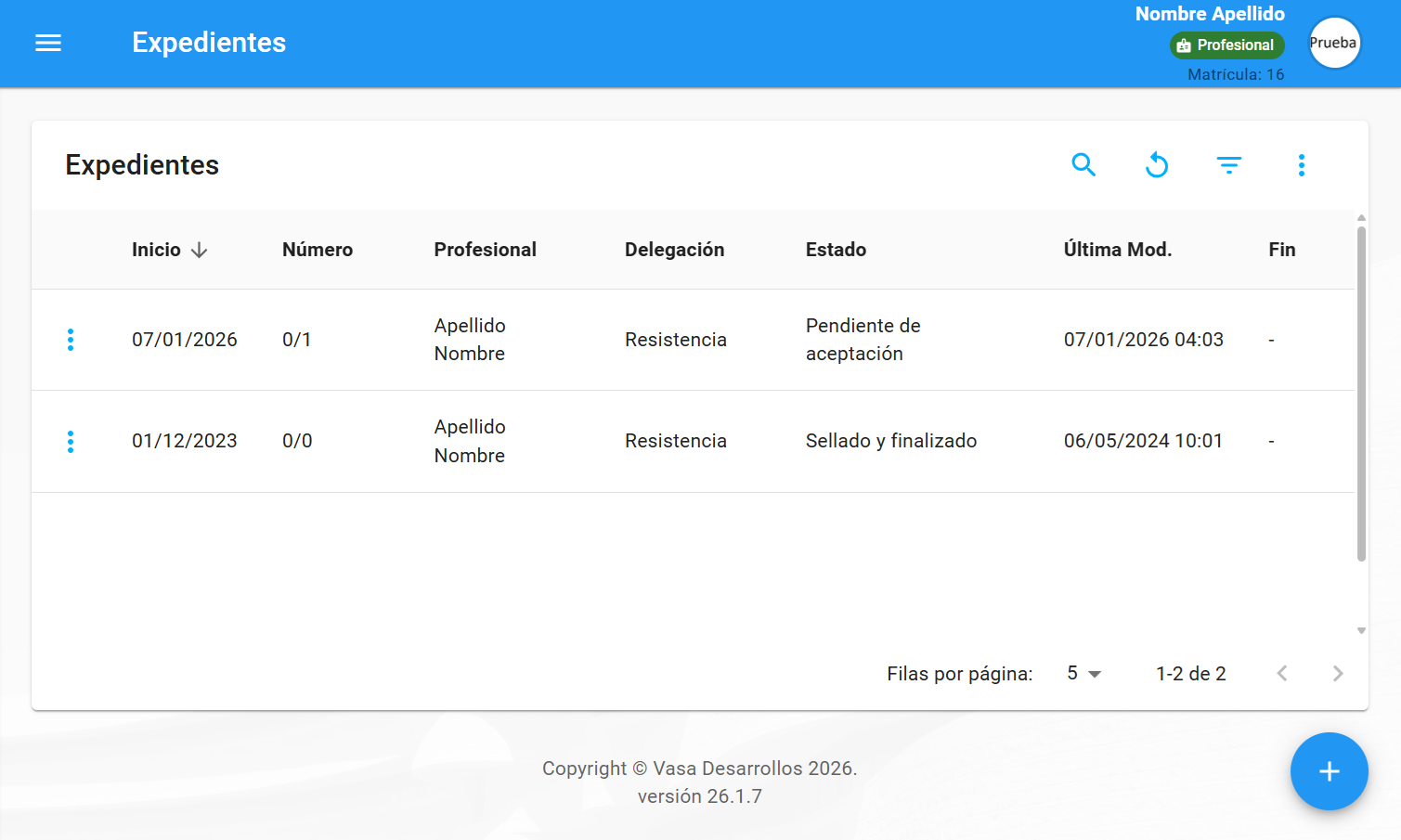 Tabla de expedientes