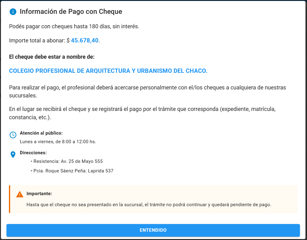 Información pago con cheque