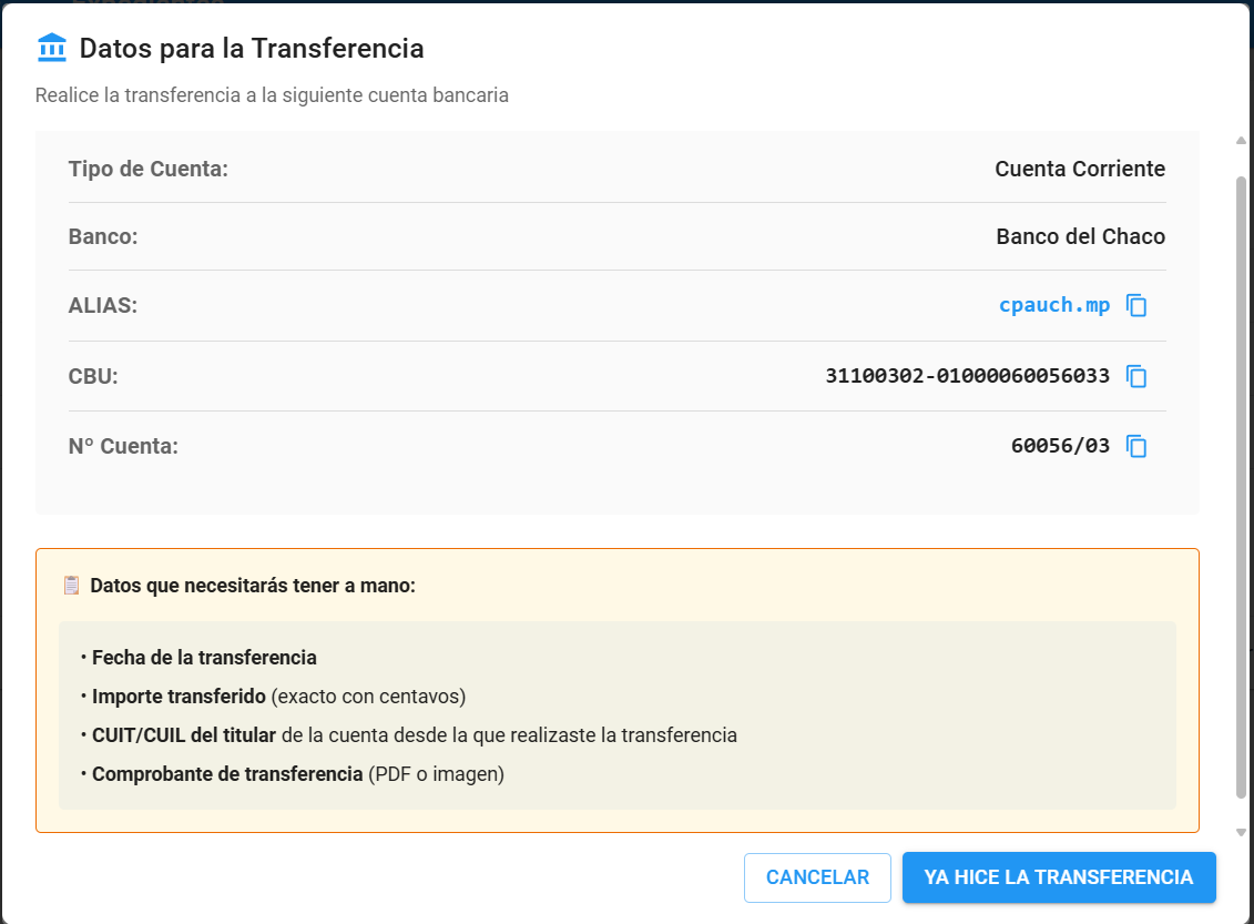Datos para la transferencia